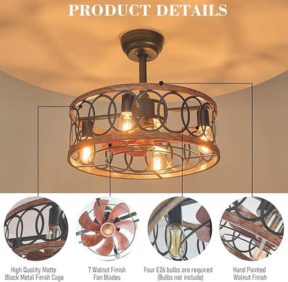 19" Industrial Caged Ceiling Fans with Light 4-Lights Farmhouse Flush Mount Fandelier Walnut Wood Metal Chandelier Fan Remote 6 Wind Speed Reversible for Bedroom Dining/Living Room Kitchen Entry