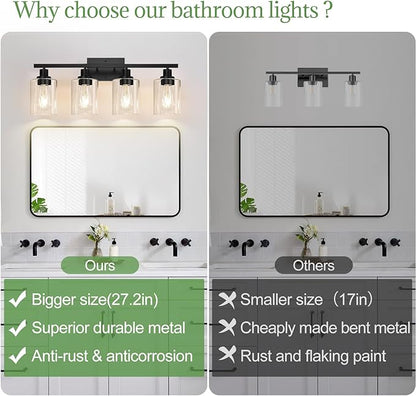 MOKATNG 4-Light Bathroom Light Fixtures, Vanity Light with Clear Glass Shades, Matte Black Bathroom Light Fixtures Over Mirror, Modern Bathroom Wall Lamp for Mirror Living Room Cabinet Bedroom