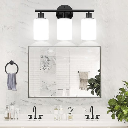 Zarbitta 3-Light Bathroom Light Fixtures, Black Modern Vanity Lights with Milky White Frosted Glass Shades, Bathroom Wall Lamp for Mirror Kitchen Living Room Hallway Cabinet Porch