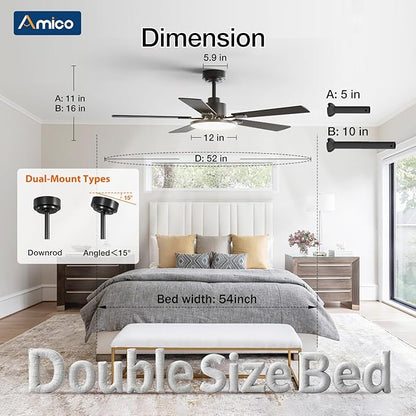 Amico Ceiling Fans with Lights, 52 inch Smart Ceiling Fan with Remote/APP/Alexa Control, Downrod Mount, Reversible DC Motor, 5 Blades, 6 Speeds, 3CCT, Dimmable, Noiseless, Bedroom, Living Room, Black