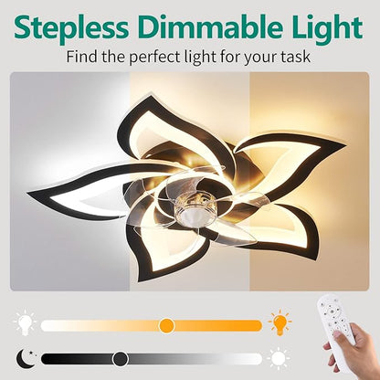 24" Geometric Ceiling Fan with Lights Remote Control, 6 Speeds 3 Colors Black Low Profile Ceiling Fan with Light for Kitchen Bedroom Living Room
