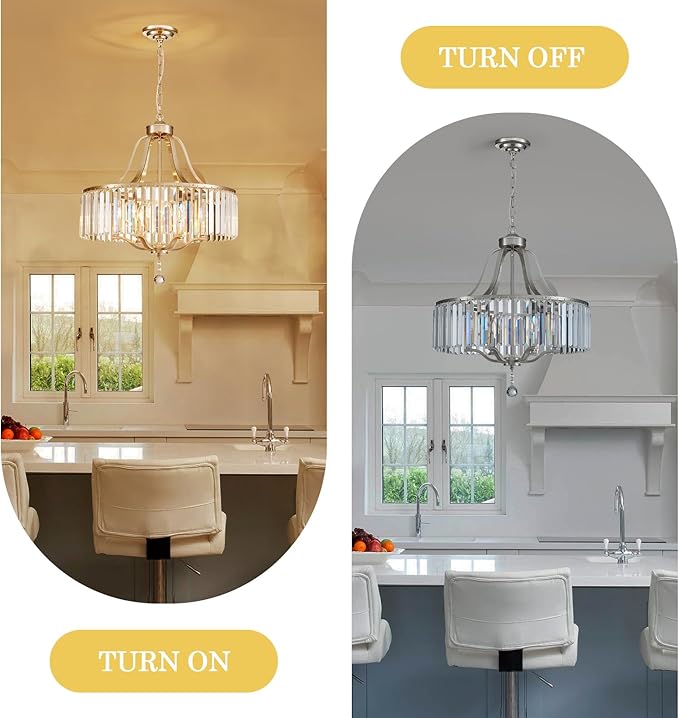 Brushed Nickel Chandeliers for Dining Room 21.7 Inch Crystal Light Fixture 6-Light Modern Farmhouse Round Large Chandeliers for Kitchen Hallway Bedroom Foyer Adjustable Height Hanging Lamp