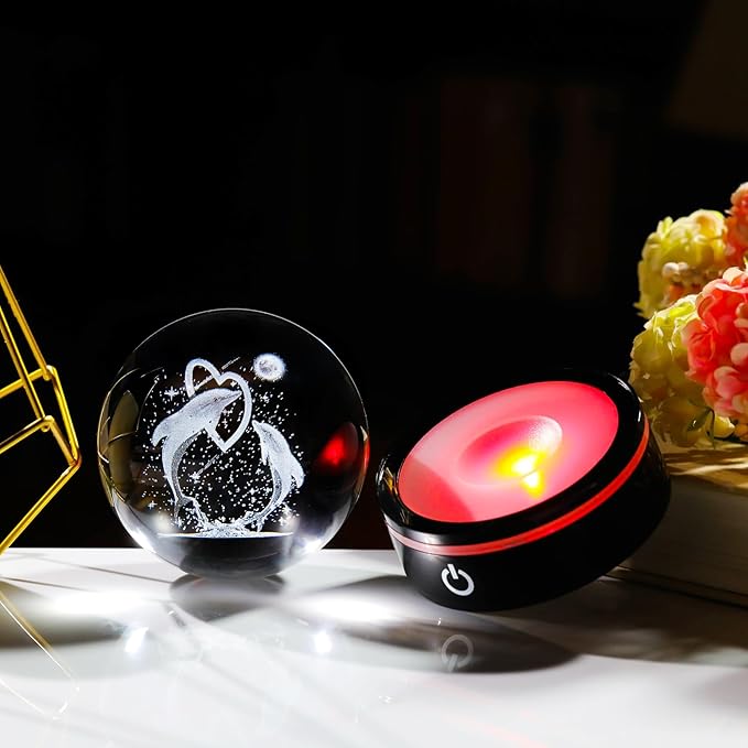 YWHL 3D Dolphin Figurines Crystal Ball with Colorful Light Base, Dolphin Gifts for Women Men on Birthday, Laser Engraved Glass Collectibles Sphere for Home Decor (80mm)