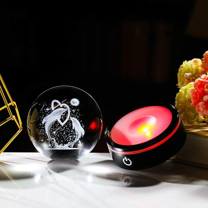 YWHL 3D Dolphin Figurines Crystal Ball with Colorful Light Base, Dolphin Gifts for Women Men on Birthday, Laser Engraved Glass Collectibles Sphere for Home Decor (80mm)
