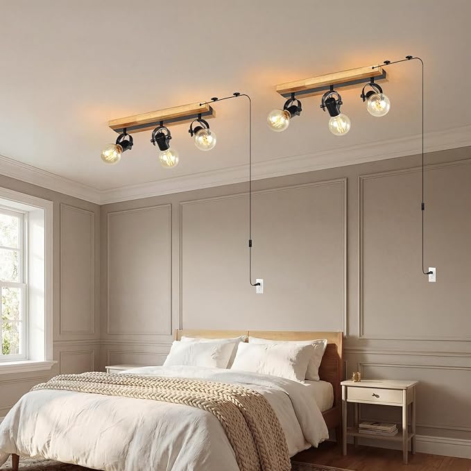 3 Light Plug in Track Light,Farmhouse Plug in Ceiling Light with 14.76-Foot Cord,Rotatable Ceiling Spotlight for Kitchen Dining Room Cabinet Hallway Living Room(No Bulb)