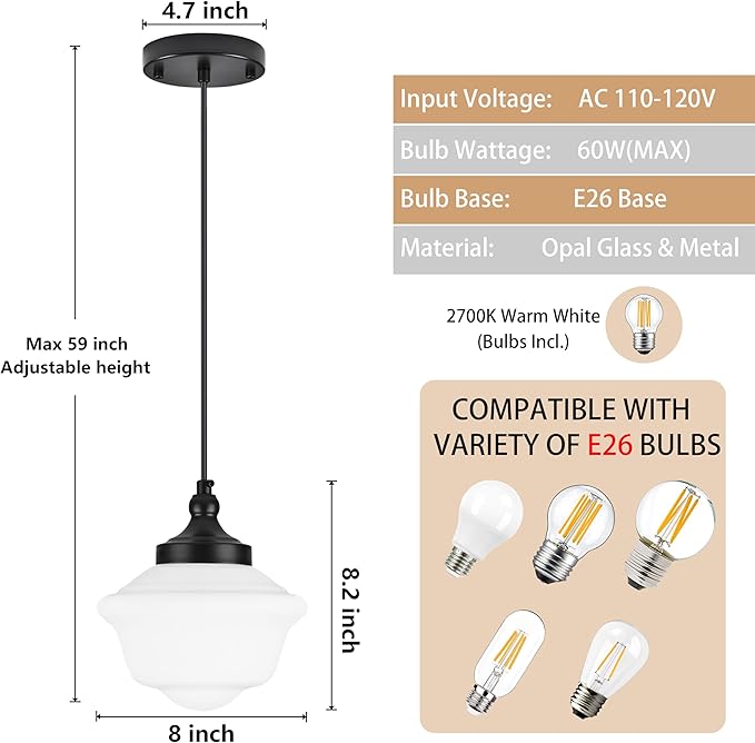 Bagood 8" Black Milk Glass Pendant Light Schoolhouse Pendant Light Schoolhouse Light Fixture Milk Glass Light Fixture Mid Century Modern Ceiling Light for Kitchen Island Bedroom Bathroom (Bulb Incl.)