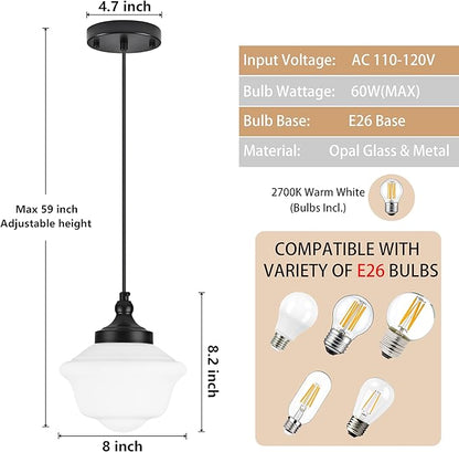 Bagood 8" Black Milk Glass Pendant Light Schoolhouse Pendant Light Schoolhouse Light Fixture Milk Glass Light Fixture Mid Century Modern Ceiling Light for Kitchen Island Bedroom Bathroom (Bulb Incl.)