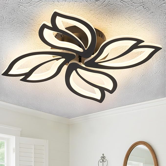 22" Modern Black Flower Dimmable LED Ceiling Light Fixtures, Geometric Low Profile Flush Mount Ceiling Light for Bedroom, Kitchen, Living Room