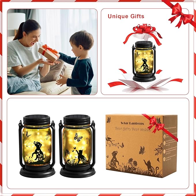 2 Pack Outdoor Hanging Solar Lantern, Cat & Dog Butterfly Vintage Glass Mason Jar, Birthday Mothers Day Gifts for Mom, Grandma, Women, Waterproof Garden Lights for Patio Yard Lawn Tree Decor