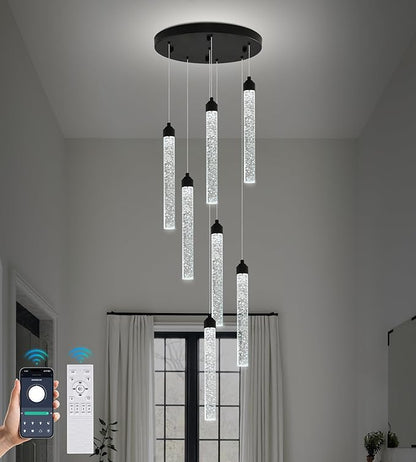 Crystal Staircase Chandelier, Modern Black Spiral Dimmable LED Cluster Raindrop Foyer Chandelier Lighting, Bubble Living Room Hanging Light Fixture 7 Light Remote Control