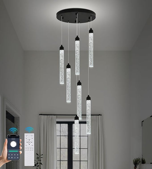 Crystal Staircase Chandelier, Modern Black Spiral Dimmable LED Cluster Raindrop Foyer Chandelier Lighting, Bubble Living Room Hanging Light Fixture 7 Light Remote Control