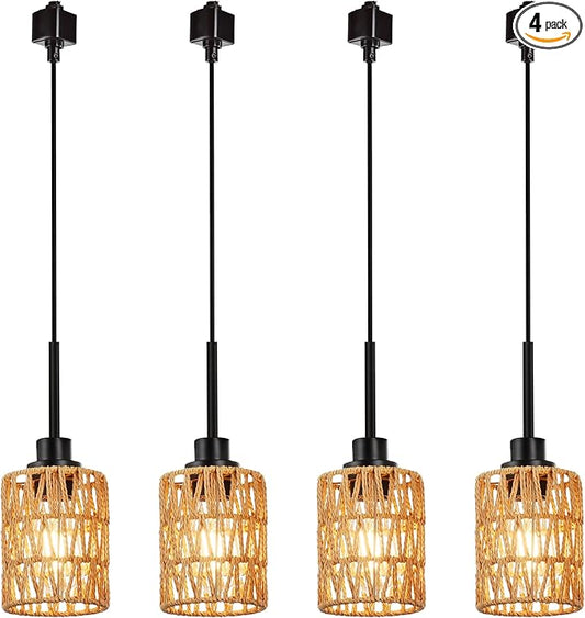 MELUCEE 4 Packs H-Type Track Hanging Light Black Ceiling Track Lighting Fixtures Rattan Pendant Light for Kitchen Island Dining Room Restaurant, Compatible with H Type Track Lighting Rail, E26 Socket
