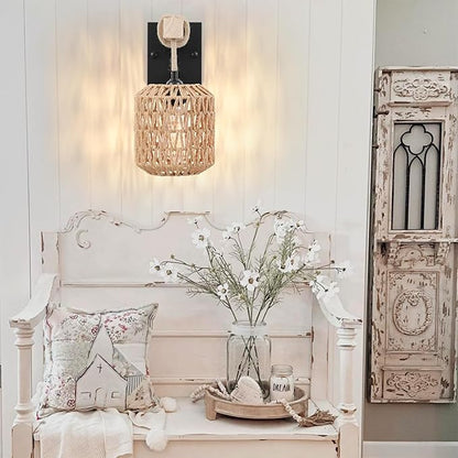 Rattan Boho Wall Sconces Set of Two, Hardwired Hand-Woven Farmhouse Wall Lamps with Wooden Arm & On/Off Dimmable Switch,Large Rustic Indoor Wall Mount Light Fixtures for Bedroom Nursery Bathroom