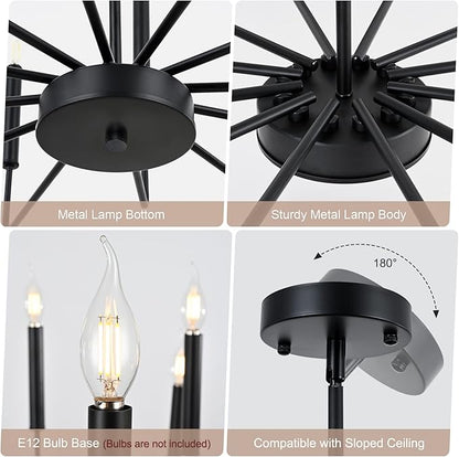 WOKNOS Modern Black Farmhouse Chandeliers, 12-Light Industrial Metal Chandelier Lighting, Classic Candle Hanging Pendant Light Fixtures for Living Room, Dining Room, Kitchen, Bedroom, Entryway