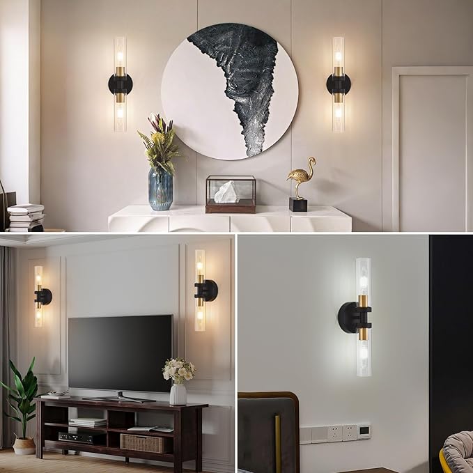 Battery Operated Wall Sconces Set of 2, 330° Rotation 3000K-6000K Dimmable Wireless Wall Sconce with Clear Glass Black Gold 10400mAh USB Rechargeable Wall Lights with Remote Bulbs Included 2 Pack
