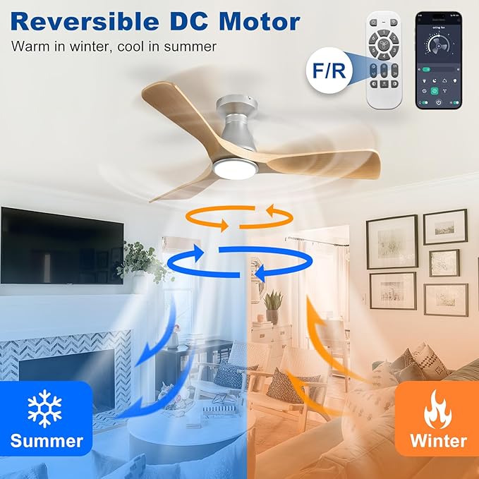 DLLT 42-Inch Ceiling Fans with Lights: Flush Mount Ceiling Fan 3 Blades for Indoor Outdoor - Dimmable Ceiling Fan with Remote APP Control Quiet DC Motor for Low Profile Bedroom
