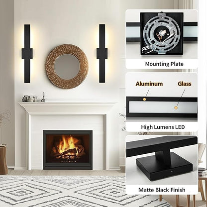 Aluminum Modern LED Wall sconces, 24.4 inch Matte Black Waterproof Wall Lights with 28W LED Light Source for Indoor, Outdoor, Living Room, Bedroom, Garage, Porch, Hallway