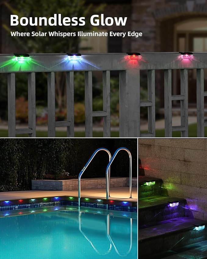 Herzila 16 Pack Solar Fence Lights, RGB Color Changing Christmas Fence Solar Light, Waterproof Deck Lights for Step, Stair, Pool and Yard
