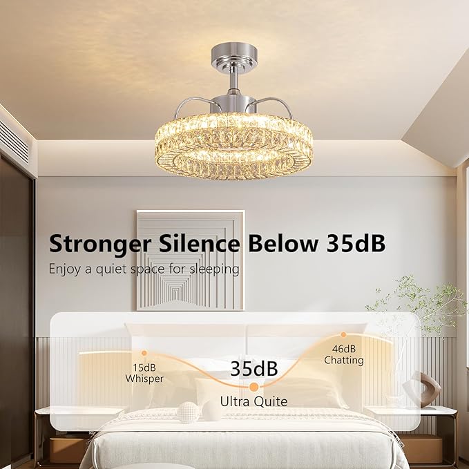 LUDOMIDE Crystal Ceiling Fans with Lights, 21" Fandelier Ceiling Fan with Light and Remote 6-Speed Wind, Dimmable LED, Chandelier Ceiling Fan for Bedroom Dining Room Living Room