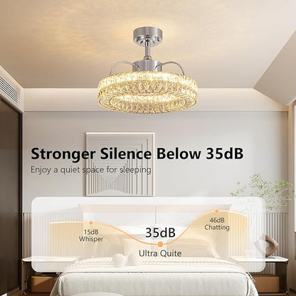 LUDOMIDE Crystal Ceiling Fans with Lights, 21" Fandelier Ceiling Fan with Light and Remote 6-Speed Wind, Dimmable LED, Chandelier Ceiling Fan for Bedroom Dining Room Living Room