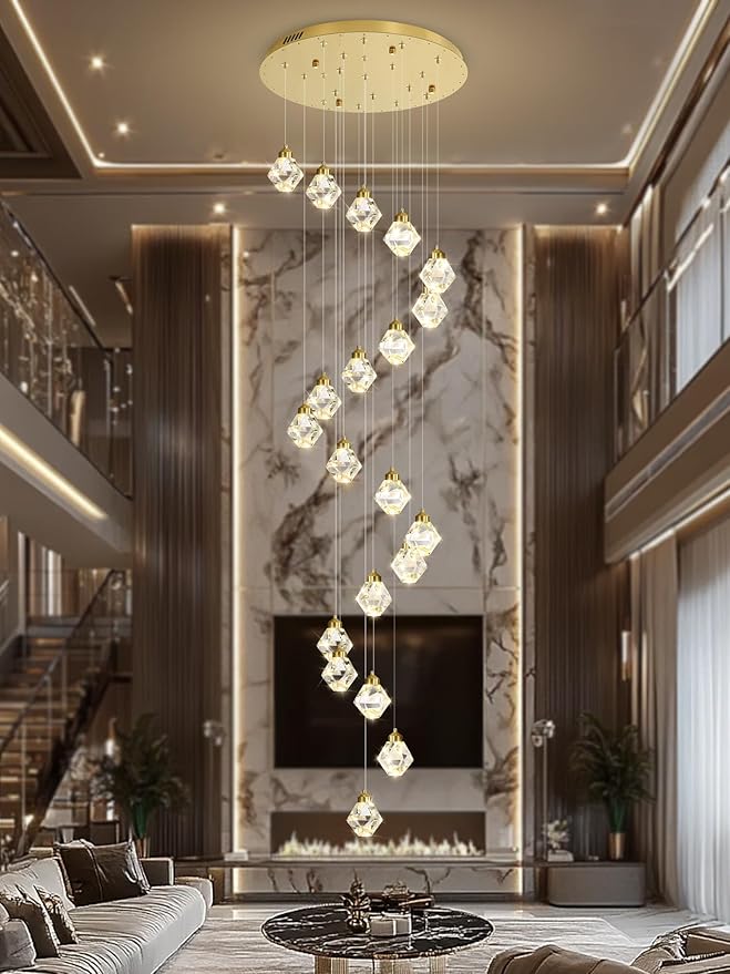 20-Light Modern Chandelier for Foyer Crystal Chandeliers for Living Room Gold Pendant Light Fixture Staircase Chandelier for High Ceilings Dimmable LED Hanging Light with Remote