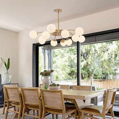 Longree 12-Light Gold and White Sputnik Chandeliers with Blossom Accent Opal Glass Bubble Pendant Light Fixture Mid Century Milk Glass Starburst Lighting for Dining Hallway Living