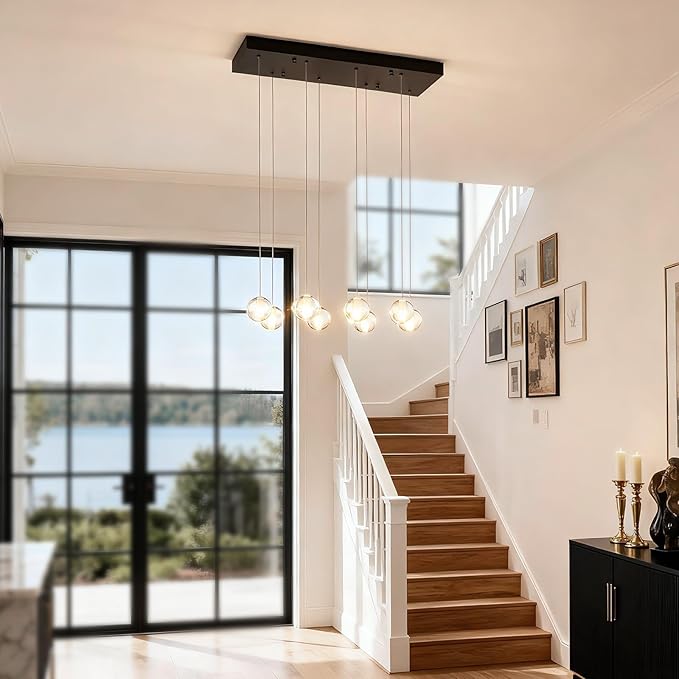 8 Lights Black Raindrop Rectangle Chandelier, Modern Bubble Crystal Chandelier for Dining Room, Large Pendant Light for High Ceilings Staircase Foyer Entryway Living Room Kitchen Island