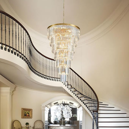 Gold Long Crystal Chandelier for High Ceiling, Height 47 inch 7-Tier Modern Large Chandeliers Lighting Fixture, Round Light for Entryway Staircase Foyer