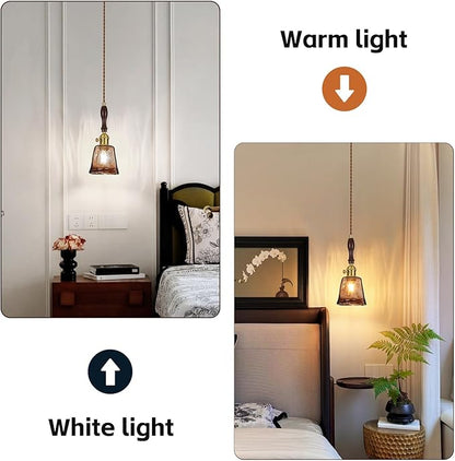 Amber Glass Vintage Pendant Light Height Adjustable Handmade Glass Pendant Lights Kitchen Island Gold Hanging Light Fixture with Wood Handle for Bedroom Dining Room Hotel (1 Pack)