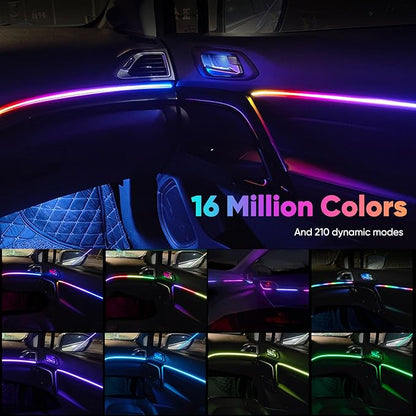 2 in 1 Acrylic Car LED Lights Interior, RGB Ambient Llighting Car Kit with 168 LEDs, 16 Million Colors, Music Sync, App & USB & Remote Dashboard Ambient Lighting for Car