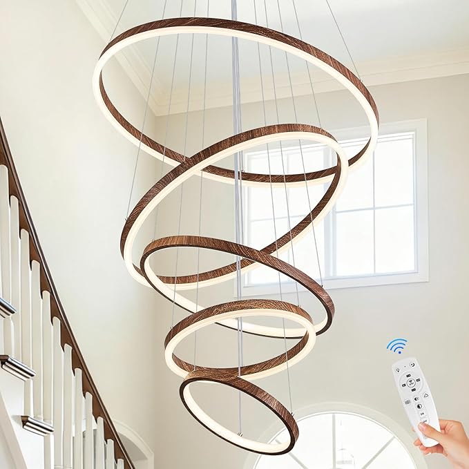 5 Ring LED Chandelier Wood Grain Finish Modern Round Chandelier Dimmable Foyer Pendant Light Fixture with Remote High Ceiling Hanging Chandelier for Dining Room Living Room Staircase, D24" 3000-6500K