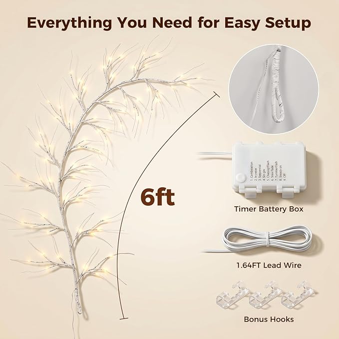 Bexdir Birch Vine with Lights with Timer 6ft 72LED, Artificial Tree for Walls Birch Twig for Room Decor Mantle Fireplace Holiday Christmas Decorations Birch Branches - Battery Operated