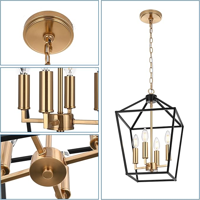 MELUCEE 4-Light Farmhouse Cage Pendant Light in Black Vintage Chandelier Lantern Hanging Light Fixtures Ceiling with Brass Candle-Shaped Socket for Kitchen Island, Dining Room, Foyer
