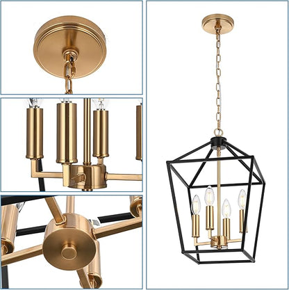 MELUCEE 4-Light Farmhouse Cage Pendant Light in Black Vintage Chandelier Lantern Hanging Light Fixtures Ceiling with Brass Candle-Shaped Socket for Kitchen Island, Dining Room, Foyer
