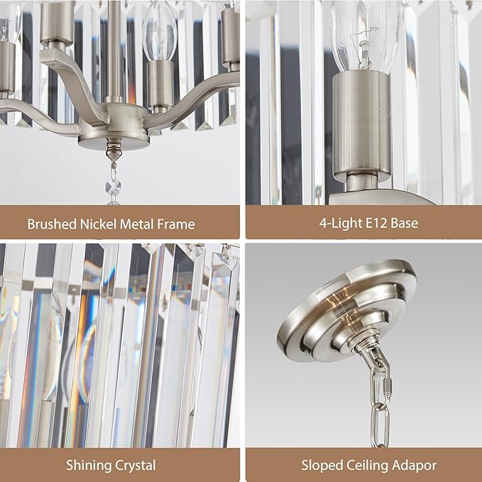 Modern Crystal Chandeliers Round 4-Light Large Brushed Nickel Pendant Lighting Fixture for Dining Room Living Room Kitchen Island Bedroom Hallway Hall Foyer, 15.7"