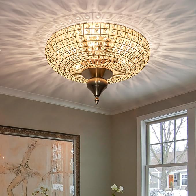 EDISLIVE 3-Light Vintage Crystal Ceiling Light Semi-Sphere Brass Chandelier with Handcut Beads,16" Antique Crystal Flush Mount Lighting E12 for Livingroom Bedroom Dining Room Foyer，Brass Copper Gold