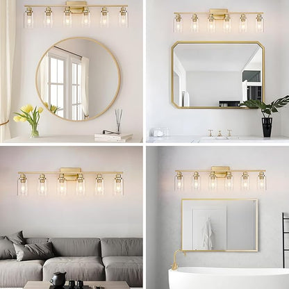 6 Light Gold Bathroom Light Fixtures Brushed Brass Vanity Light Over Mirror Modern Wall Lighting Sconces Wall Lamp for Bathroom, Bedroom, Living Room E26 Socket with Glass Shade