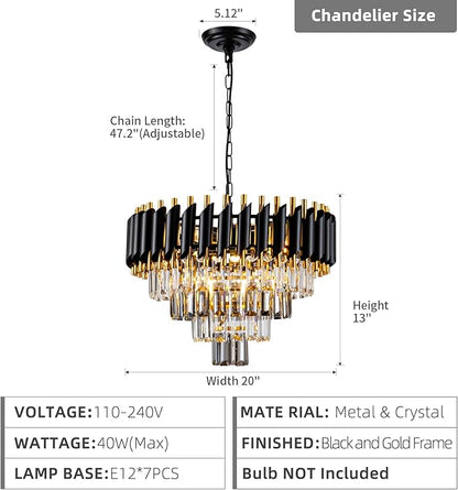 7-Light Modern Crystal Chandelier 20" Dining Room Light Fixtures 4 Tiers Flush Mount Smoke Grey and Gold Chandelier Round Chandeliers for Dining Room Living Room Kitchen Entryway Foyer