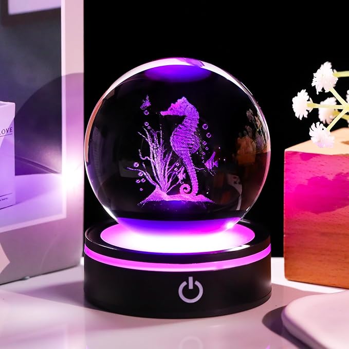 YWHL 3D Seahorse Crystal Ball Figurine with LED Base, Seahorse Gifts for Women Men on Christmas Birthday, Glass Sea Horse Decor Globe Night Light for Home Office (80mm)