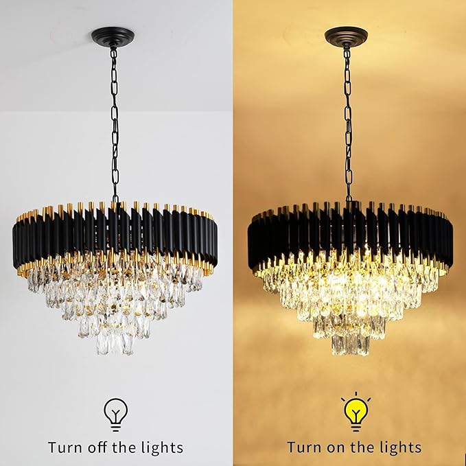 Modern Chandelier Gold and Black Chandeliers 5-Tier Chandelier Crystal Round Hanging Crystal Pendant Light Fixture for Dining Room Bedroom Living Room Foyer Farmhouse W24in 12 Lights