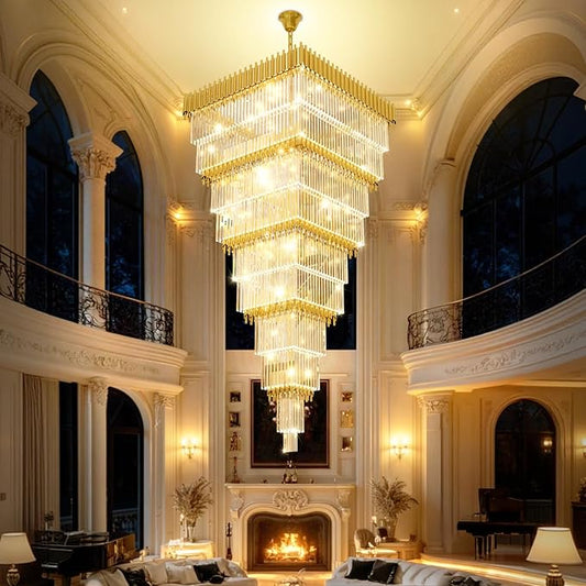 W40 x H120 Large Gold Chandeliers for High Ceiling, 37-Light Square Tiered K9 Crystal Raindrop Chandelier, Adjustable Height Luxury Pendant Light for Staircase, Villa Foyer, Entryway