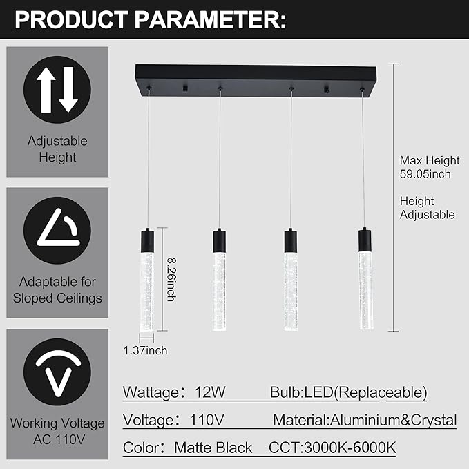 4 Light Pendant Lights Kitchen Island, Modern Matte Black Crystal Pendants with Dimmable 3000K-6000K LED Ceiling Hanging Light Fixture for Dining Room Bedroom, Adjustable Height 59"