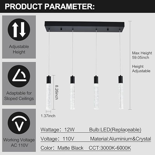 4 Light Pendant Lights Kitchen Island, Modern Matte Black Crystal Pendants with Dimmable 3000K-6000K LED Ceiling Hanging Light Fixture for Dining Room Bedroom, Adjustable Height 59"