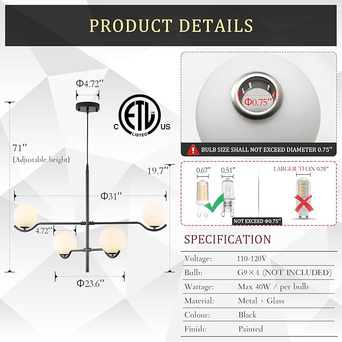 CATINER Black Sputnik Chandelier, Modern 4 Lights L31 '' Large Mid Century Long Ceiling Pendant Light Fixtures with Milk Glass Globe Shades for High Ceiling Living Dining Room Foyer Bedroom