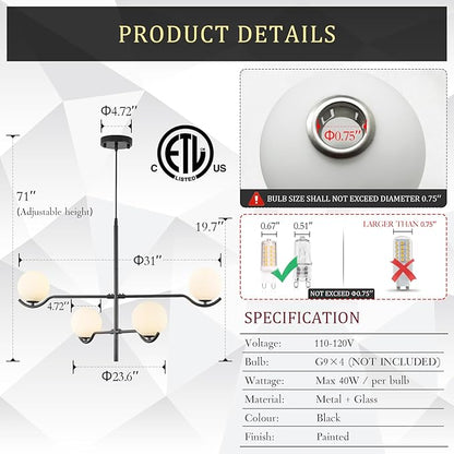 CATINER Black Sputnik Chandelier, Modern 4 Lights L31 '' Large Mid Century Long Ceiling Pendant Light Fixtures with Milk Glass Globe Shades for High Ceiling Living Dining Room Foyer Bedroom