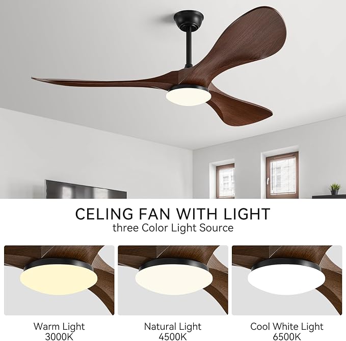 52in Ceiling Fan of 6200+CFM High Airflow with Light and Remote Control,Outdoor/Indoor Ceiling Fan with 3 Blades Noiseless Reversible DC Motor 6 Speeds with 3 CCT and Timer for Living Room Patios