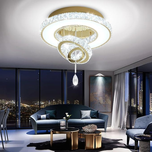 Flashing God Dia 20" Crystal Chandeliers Gold Modern Living Room Chandelier LED Crystal Ceiling Light Flush Mount Chandelier for Bedroom Dining Room Entryway