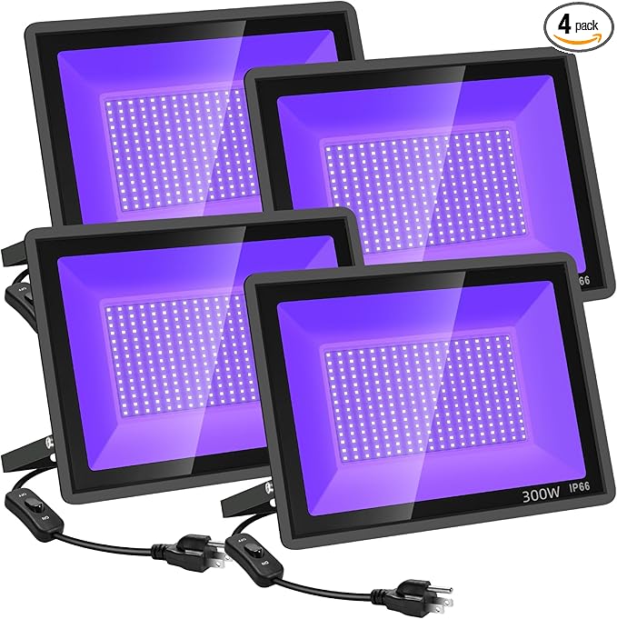 YANYCN 4 Pack 300W LED Black Flood Light, Outdoor with Plug and Switch, IP66 Waterproof Blacklight for Glow Party, Halloween, Fluorescent Poster, Body Paint, Aquarium