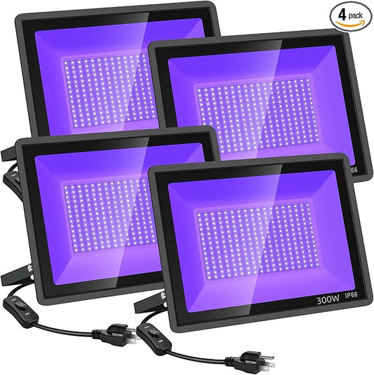 YANYCN 4 Pack 300W LED Black Flood Light, Outdoor with Plug and Switch, IP66 Waterproof Blacklight for Glow Party, Halloween, Fluorescent Poster, Body Paint, Aquarium