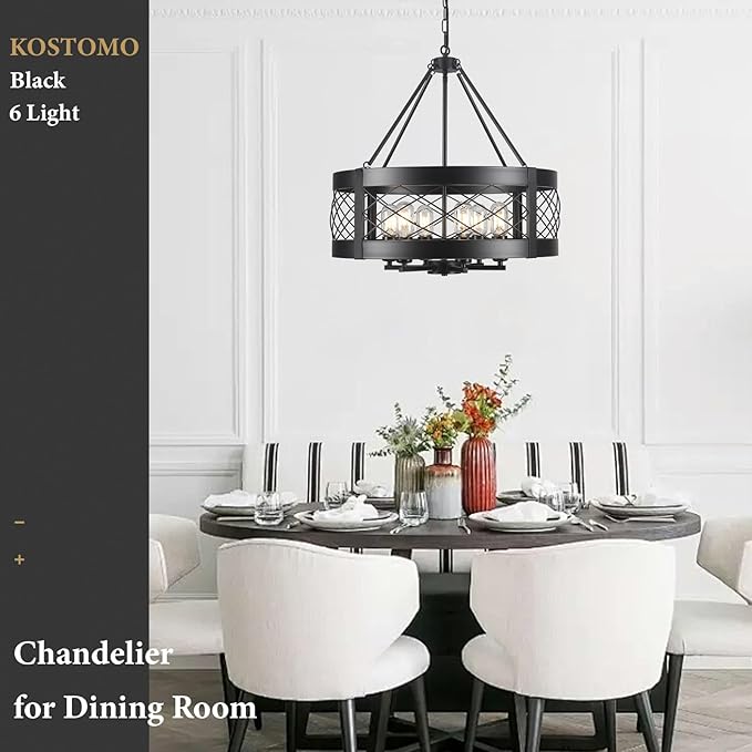 Black Chandelier 6-Light Adjustable Farmhouse Chandelier Dining Room Light Fixture Kitchen Island Lighting Drum Rustic Hanging Lights for Entryway Foyer Bedroom Living Room